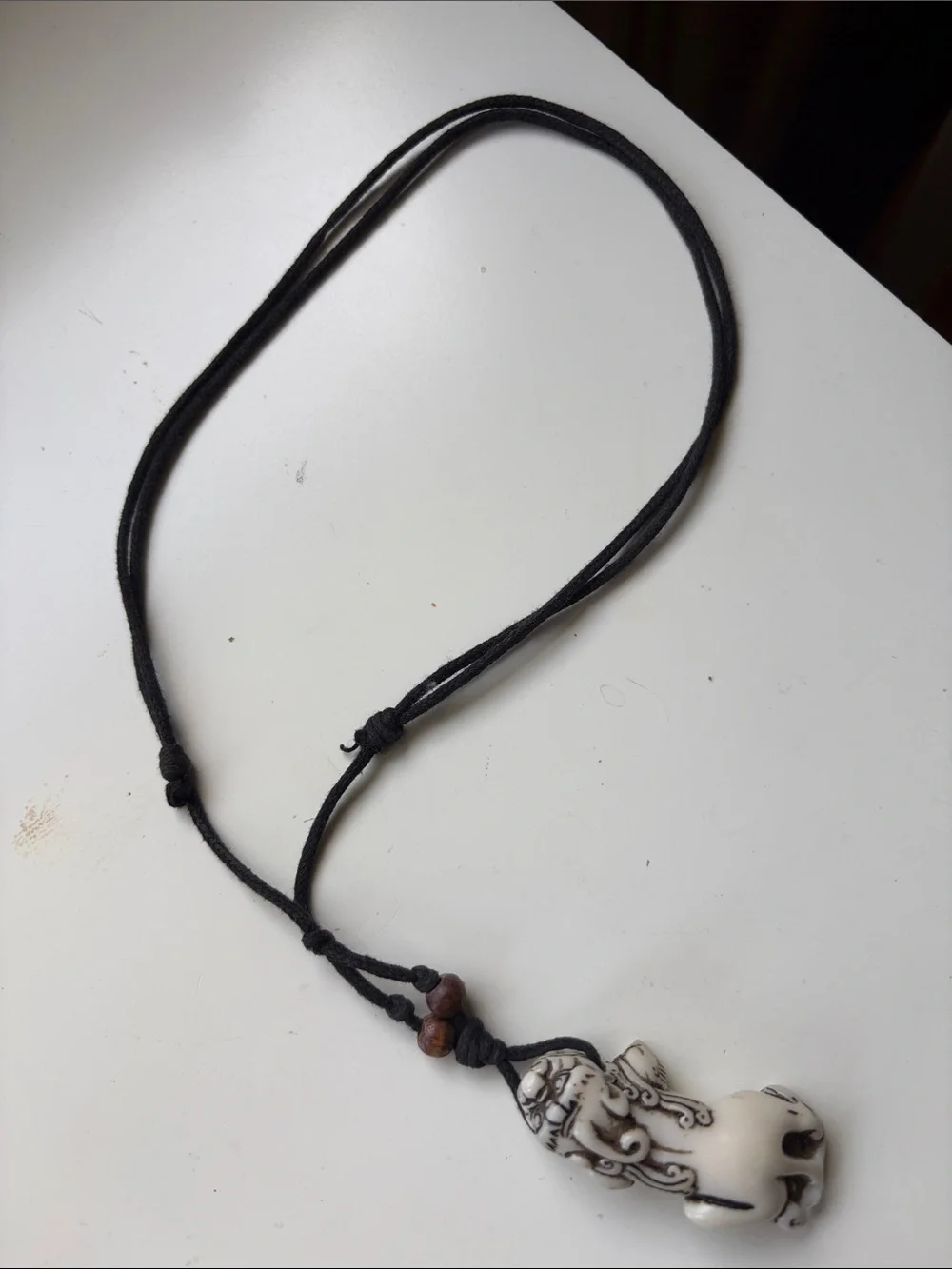 Vintage Handcrafted White Chinese dragon Pendant Necklace with Black Cord
